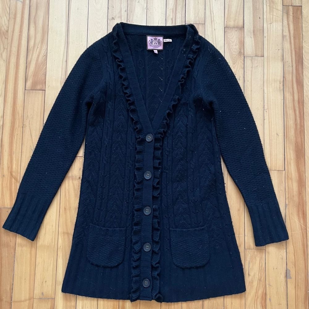 Juicy Couture Black Cable Knit Ruffle Button Front Cardigan Sweater L